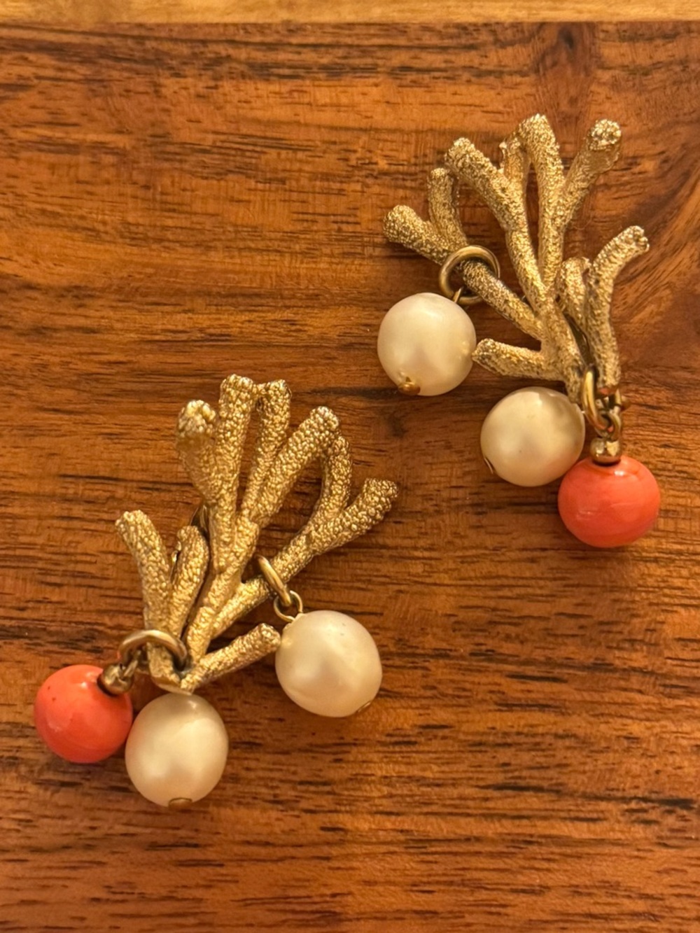 RARE NAPIER Gold Coral Branch Drop VTG Earrings with Pearl and Coral Beads